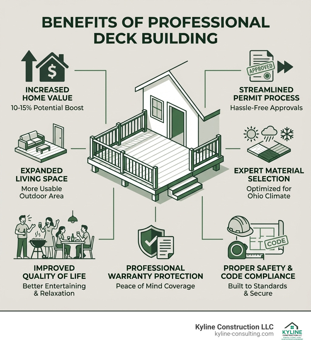 Infographic showing the benefits of professional deck building: increased home value 10-15%, expanded usable living space, improved quality of life and entertaining options, professional warranty protection, proper safety and code compliance, expert material selection for Ohio climate, and streamlined permit process - deck builders delaware ohio infographic 