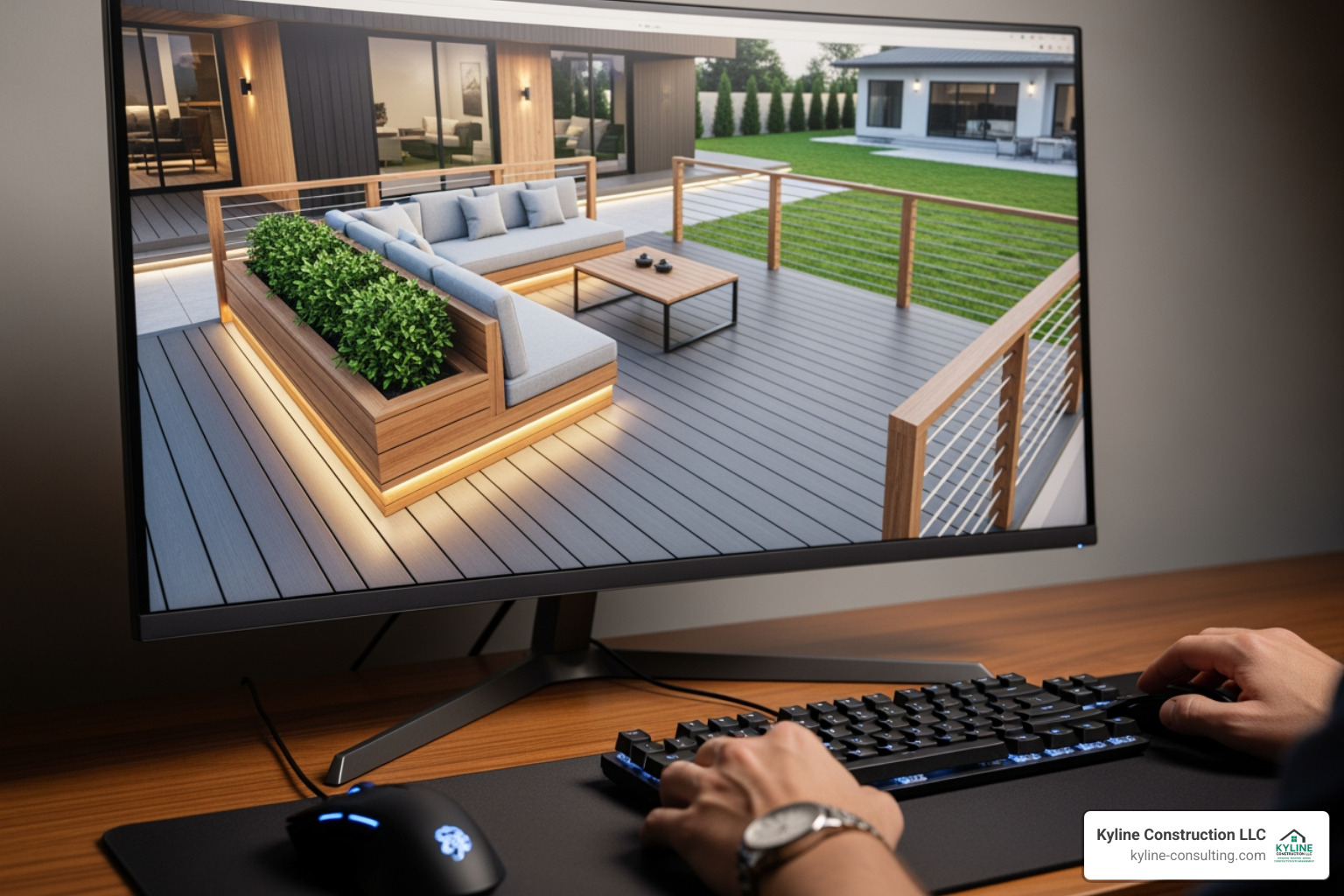 3D deck design rendering on a computer screen - deck builders cleveland