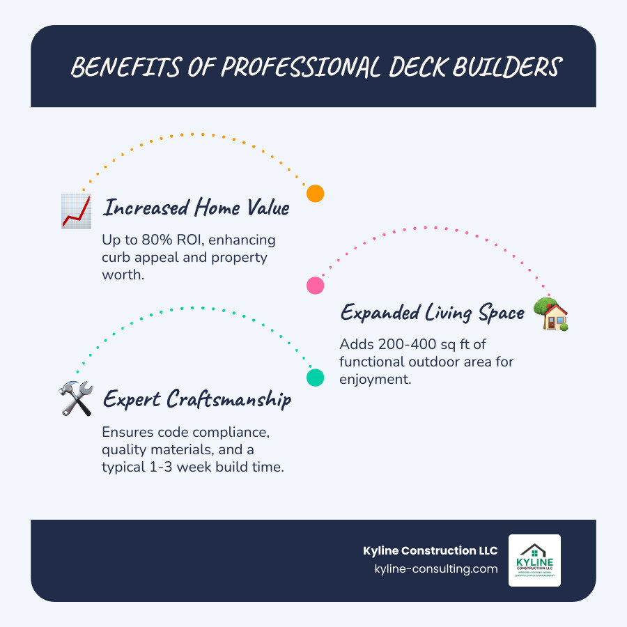 Infographic showing three main benefits of hiring professional deck builders in Toledo: 1) Increased home value with up to 80% ROI, 2) Expanded outdoor living space averaging 200-400 square feet, 3) Professional expertise ensuring code compliance, quality materials, and 1-3 week typical construction timeline - deck builders in toledo ohio infographic infographic-line-3-steps-blues-accent_colors Infographic showing three main benefits of hiring professional deck builders in Toledo: 1) Increased home value with up to 80% ROI, 2) Expanded outdoor living space averaging 200-400 square feet, 3) Professional expertise ensuring code compliance, quality materials, and 1-3 week typical construction timeline - deck builders in toledo ohio infographic infographic-line-3-steps-blues-accent_colors