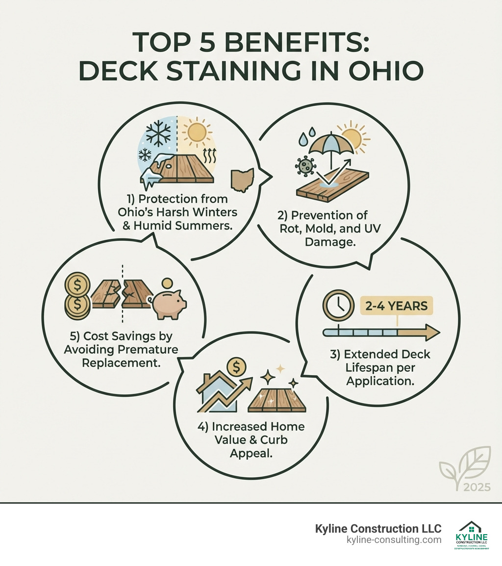 Infographic showing the top 5 benefits of deck staining in Ohio: 1) Protection from harsh winters and humid summers, 2) Prevention of rot, mold, and UV damage, 3) Extended deck lifespan of 2-4 years per application, 4) Increased home value and curb appeal, 5) Cost savings by avoiding premature deck replacement - Deck staining Ohio infographic Infographic showing the top 5 benefits of deck staining in Ohio: 1) Protection from harsh winters and humid summers, 2) Prevention of rot, mold, and UV damage, 3) Extended deck lifespan of 2-4 years per application, 4) Increased home value and curb appeal, 5) Cost savings by avoiding premature deck replacement - Deck staining Ohio infographic