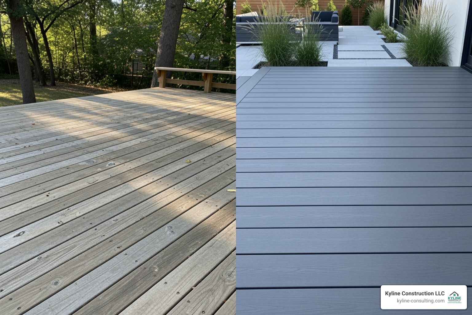 split-screen showing a restored wood deck on one side and a new composite deck on the other - deck renovation ideas split-screen showing a restored wood deck on one side and a new composite deck on the other - deck renovation ideas