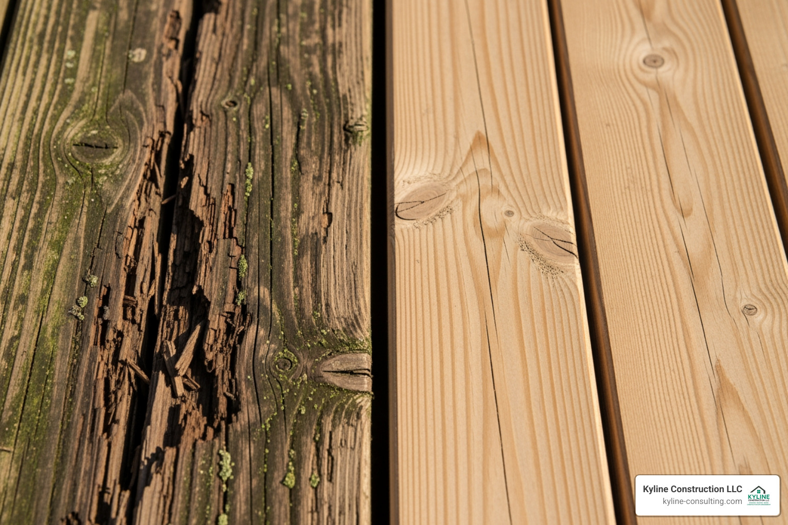 Image of a rotting deck board next to a new one, illustrating the contrast and need for repair - Deck repair Ohio