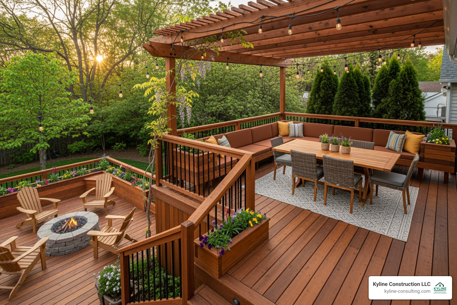 multi-level deck with built-in seating and a pergola - deck builders lancaster ohio
