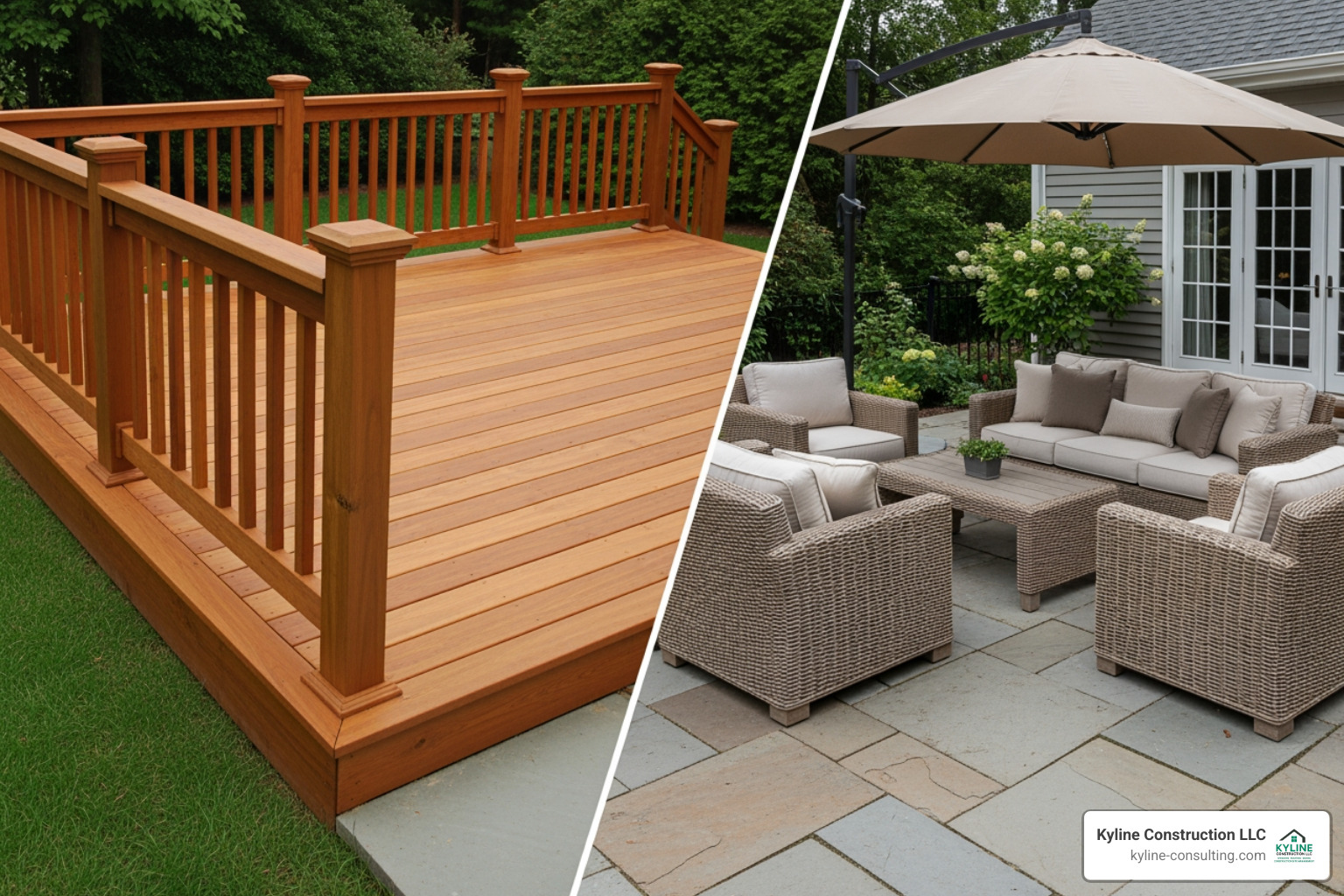 split-screen showing a raised wooden deck on one side and a ground-level stone patio on the other - deck and patio split-screen showing a raised wooden deck on one side and a ground-level stone patio on the other - deck and patio