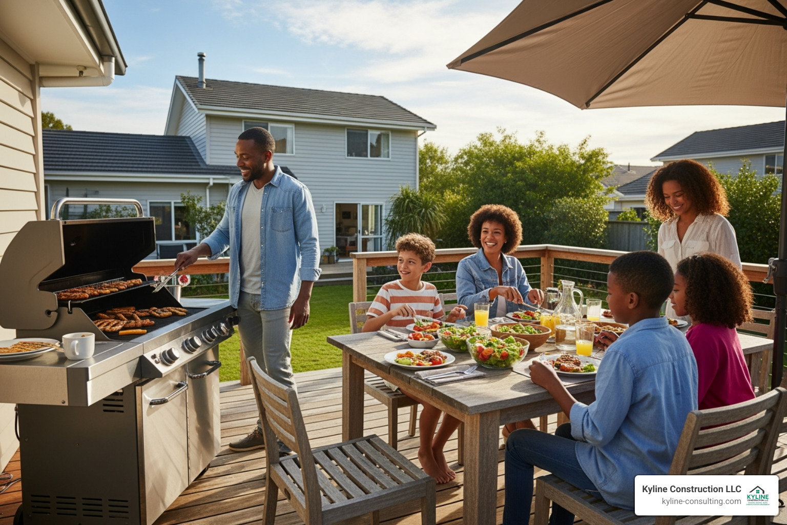 family enjoying meal on spacious deck - deck builders medina ohio