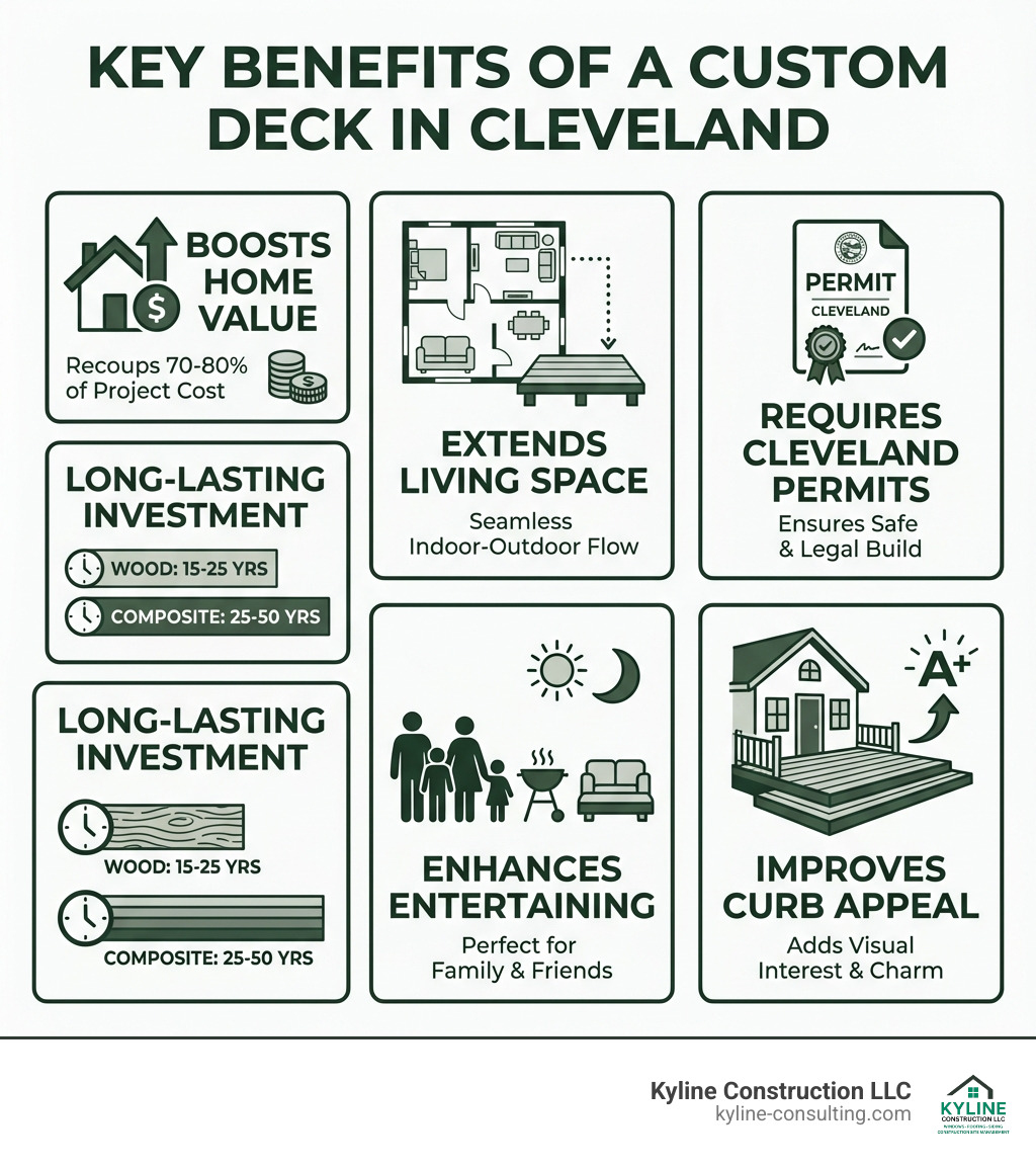infographic showing key benefits of custom decks: increases home value by 70-80% of project cost, extends living space outdoors, requires proper permits in Cleveland, typical lifespan of 15-25 years for wood or 25-50 years for composite, enhances outdoor entertaining and family time, improves curb appeal - deck builders cleveland infographic 