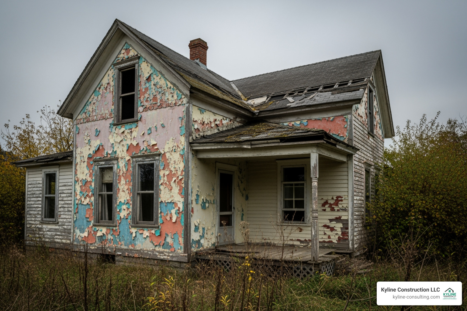 A house with peeling paint and a worn roof - exterior home improvement companies near me