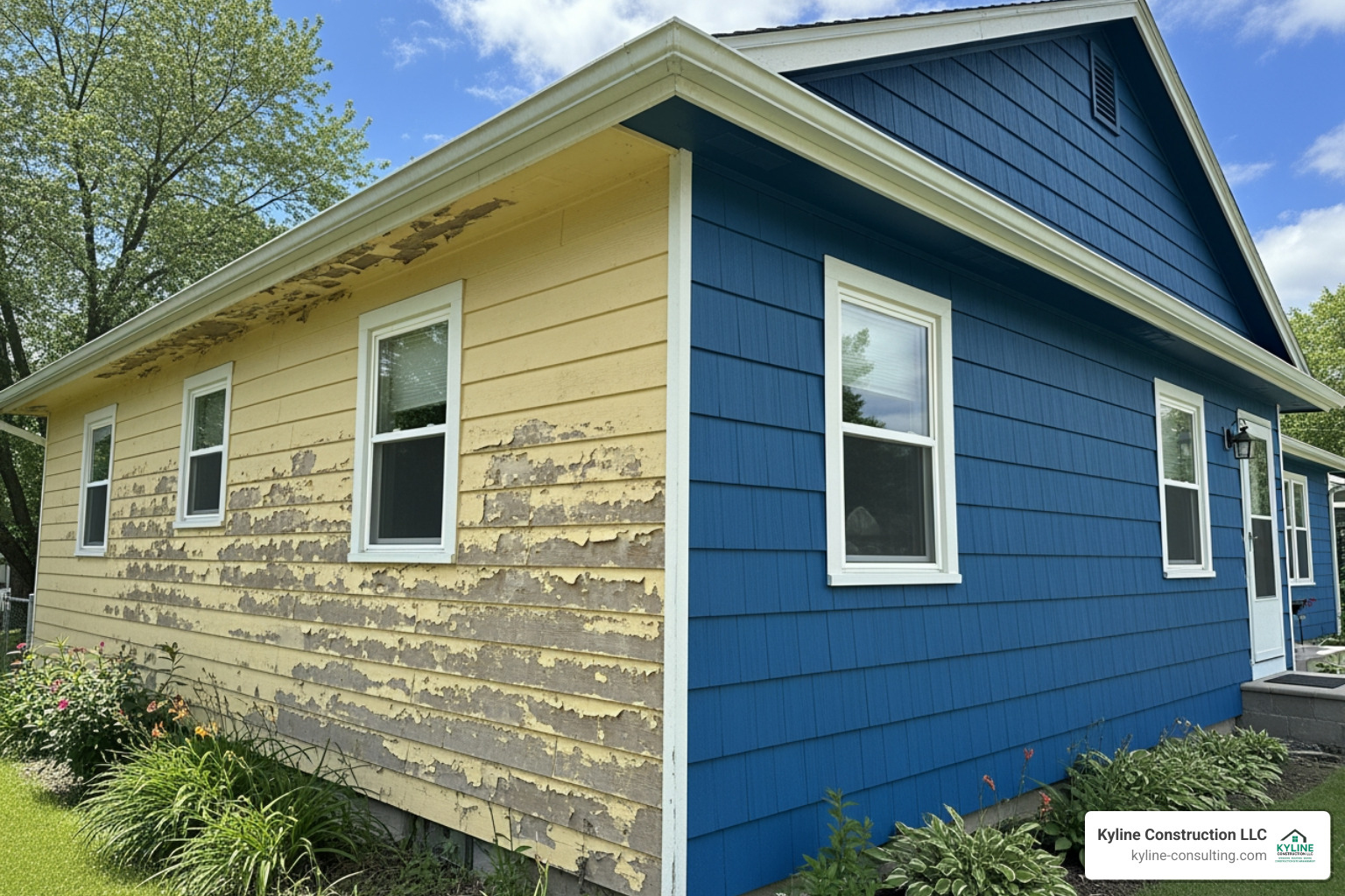 faded, cracked siding next to new, vibrant vinyl siding - best vinyl siding installers near me