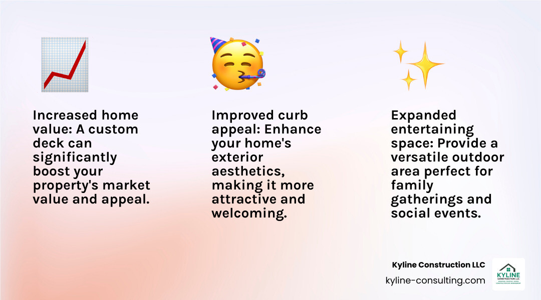 infographic showing three key benefits of adding a deck: increased home value percentage, expanded entertaining square footage, and improved curb appeal with before and after home images - deck builders lancaster ohio infographic 3_facts_emoji_light-gradient