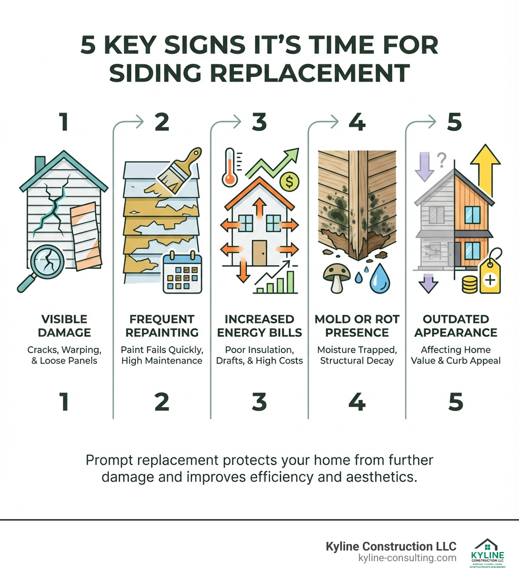 Infographic showing the 5 key signs it's time for siding replacement: 1) Visible damage like cracks and warping, 2) Frequent repainting needs, 3) Increased energy bills, 4) Mold or rot presence, 5) Outdated appearance affecting home value - exterior siding renovation infographic Infographic showing the 5 key signs it's time for siding replacement: 1) Visible damage like cracks and warping, 2) Frequent repainting needs, 3) Increased energy bills, 4) Mold or rot presence, 5) Outdated appearance affecting home value - exterior siding renovation infographic