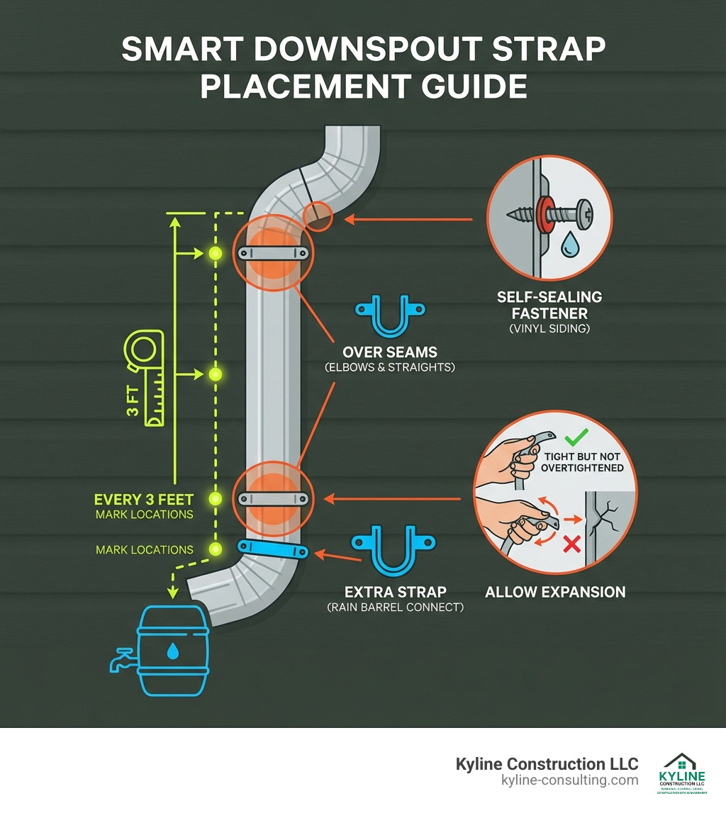 Infographic showing downspout strap placement: mark every 3 feet down the downspout length, place straps over seams between elbows and straight sections, add extra strap at bottom for rain barrel connections, use self-sealing fasteners for vinyl siding, and ensure tight but not overtightened installation - attach downspout to vinyl siding infographic 