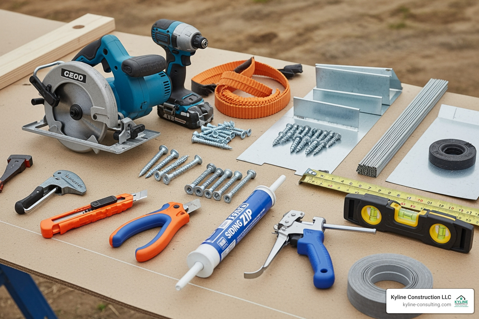 all necessary tools and materials laid out neatly - attaching ledger board to vinyl siding all necessary tools and materials laid out neatly - attaching ledger board to vinyl siding