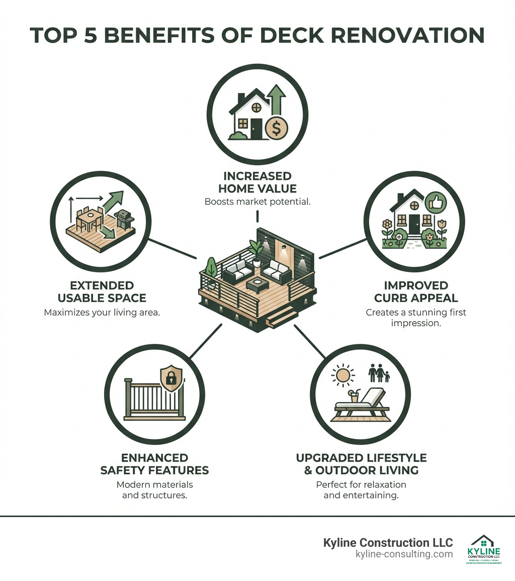 infographic showing the top 5 benefits of deck renovation including increased home value, improved curb appeal, upgraded lifestyle and outdoor living, enhanced safety features, and extended usable space - deck renovation ideas infographic infographic showing the top 5 benefits of deck renovation including increased home value, improved curb appeal, upgraded lifestyle and outdoor living, enhanced safety features, and extended usable space - deck renovation ideas infographic