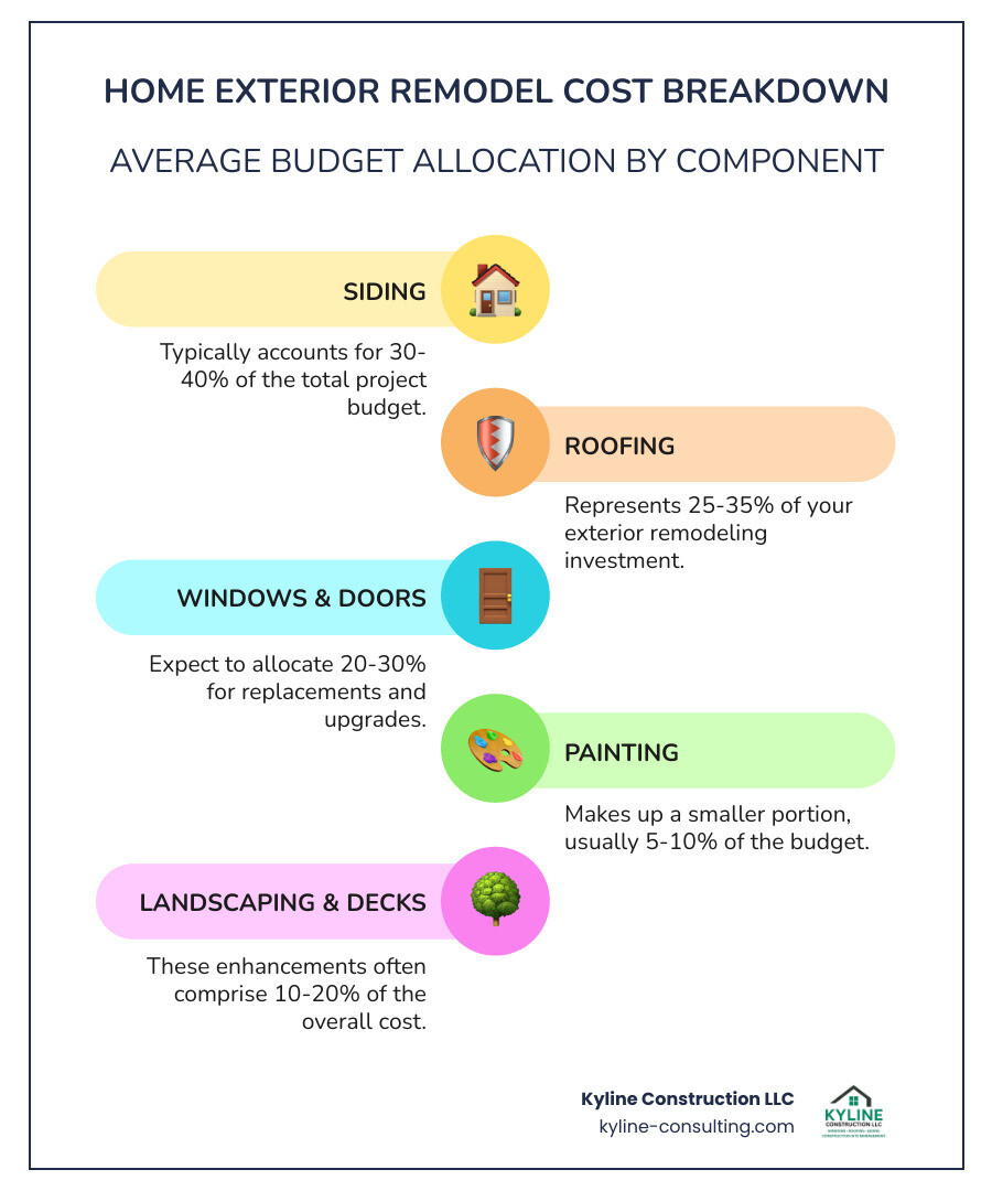 Infographic showing the breakdown of home exterior remodeling costs by component: Roofing typically represents 25-35% of total budget, Siding accounts for 30-40%, Windows and Doors make up 20-30%, Painting comprises 5-10%, and Landscaping, Decks, and Other Features round out 10-20% of the total home exterior remodeling cost - home exterior remodeling cost infographic infographic-line-5-steps-colors Infographic showing the breakdown of home exterior remodeling costs by component: Roofing typically represents 25-35% of total budget, Siding accounts for 30-40%, Windows and Doors make up 20-30%, Painting comprises 5-10%, and Landscaping, Decks, and Other Features round out 10-20% of the total home exterior remodeling cost - home exterior remodeling cost infographic infographic-line-5-steps-colors