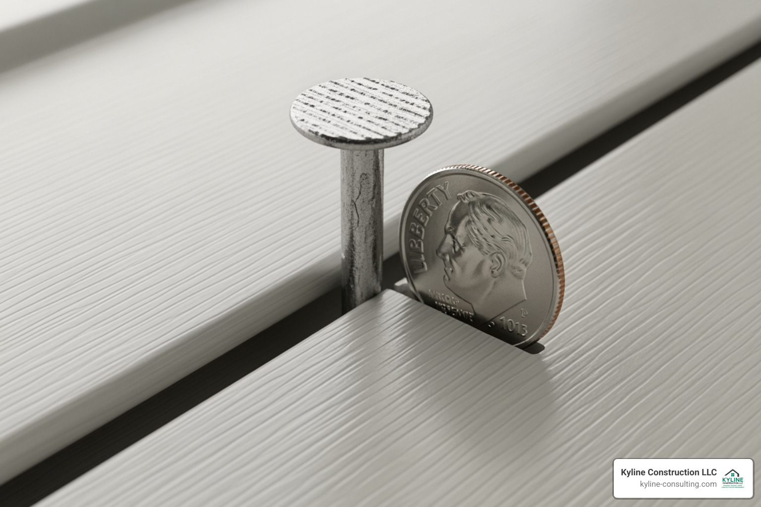 A detailed image showing a roofing nail driven loosely into the center of a vinyl siding nailing slot, with a visible gap (the thickness of a dime) between the nail head and the vinyl to allow for expansion and contraction. - installing corners on vinyl siding A detailed image showing a roofing nail driven loosely into the center of a vinyl siding nailing slot, with a visible gap (the thickness of a dime) between the nail head and the vinyl to allow for expansion and contraction. - installing corners on vinyl siding