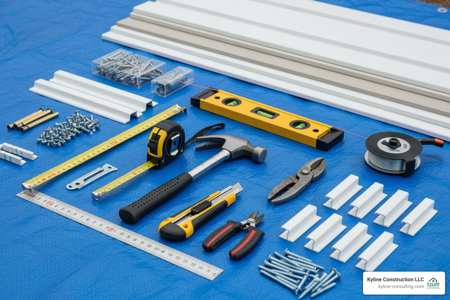 all necessary tools and materials neatly arranged on a tarp - board and batten vinyl siding installation