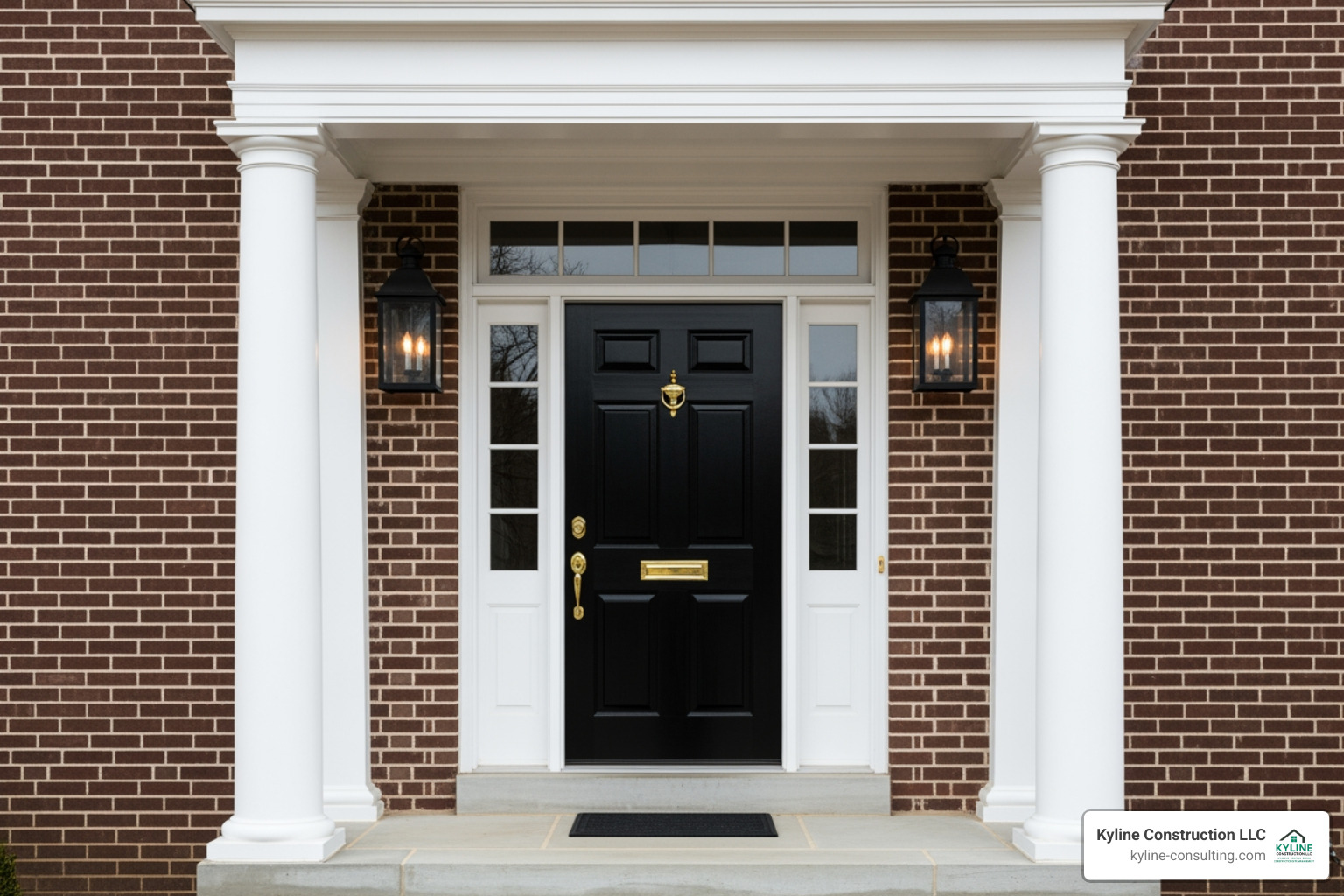 Colonial front door with portico and lantern lights - colonial exterior renovation