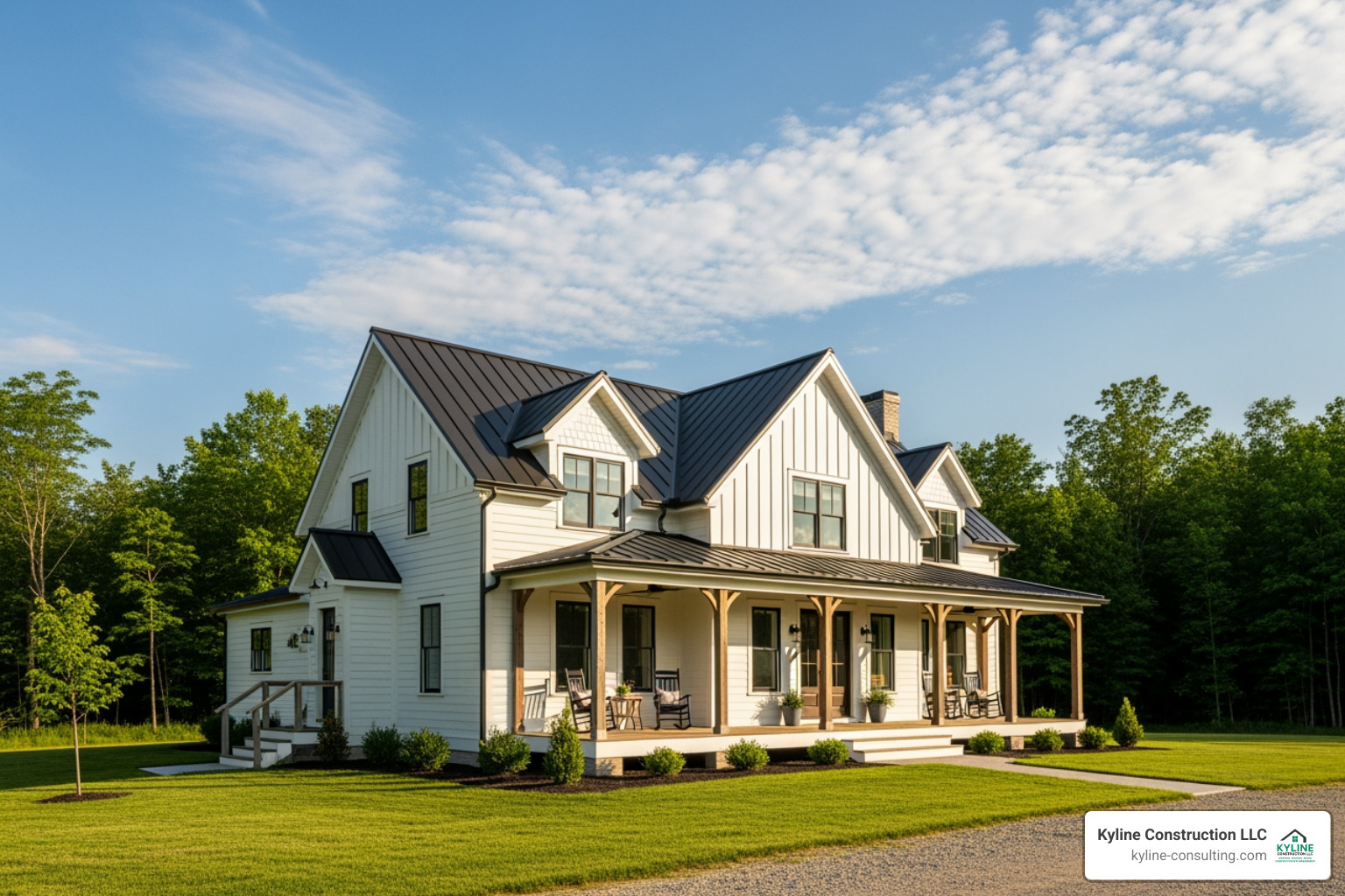 classic white farmhouse with a metal roof and large porch - exterior farmhouse remodel