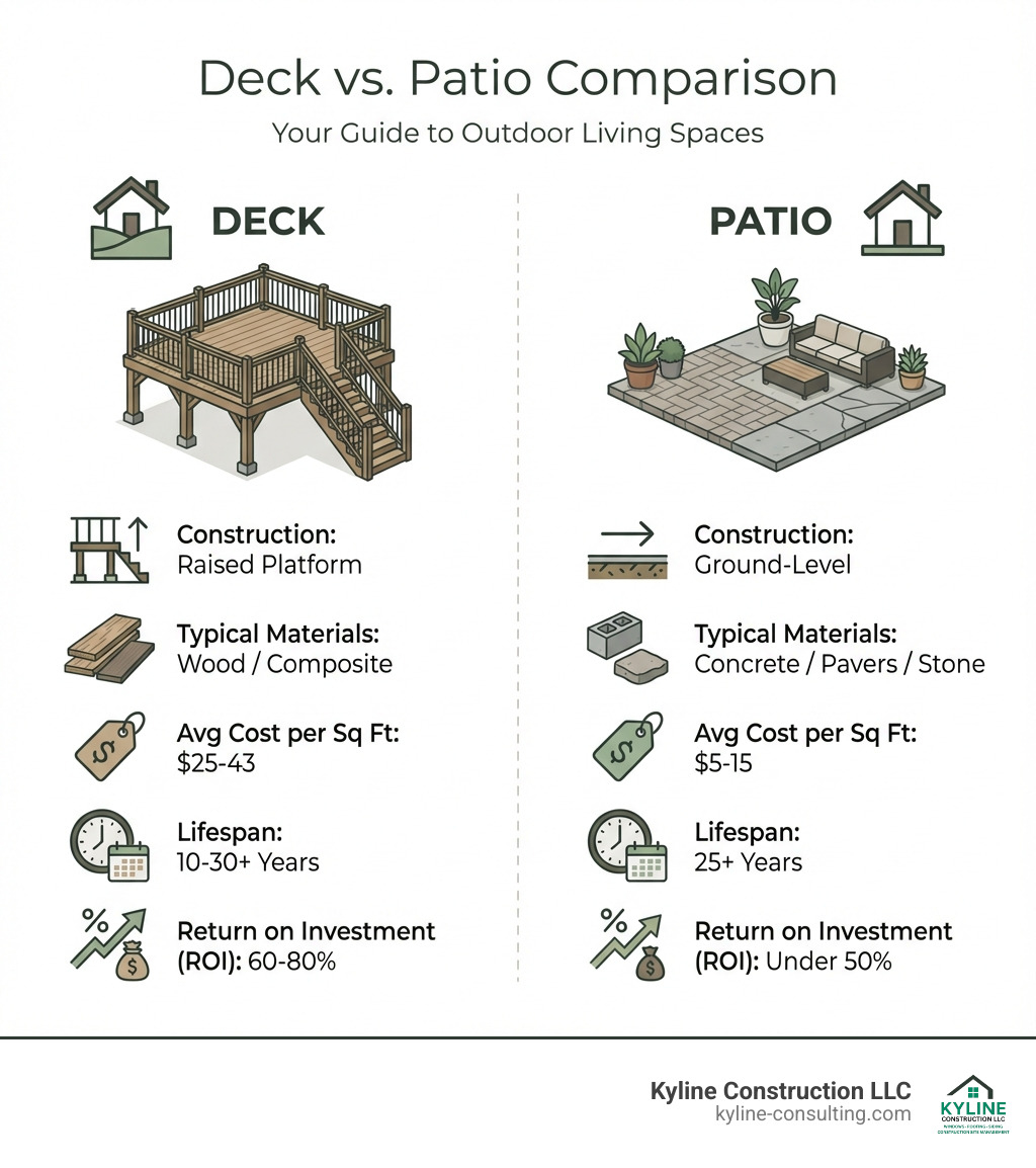 Infographic showing deck vs patio comparison including construction method (raised platform vs ground-level), typical materials (wood/composite vs concrete/pavers/stone), average cost per square foot ($25-43 vs $5-15), lifespan (10-30+ years vs 25+ years), and return on investment (60-80% vs under 50%) - deck and patio infographic Infographic showing deck vs patio comparison including construction method (raised platform vs ground-level), typical materials (wood/composite vs concrete/pavers/stone), average cost per square foot ($25-43 vs $5-15), lifespan (10-30+ years vs 25+ years), and return on investment (60-80% vs under 50%) - deck and patio infographic