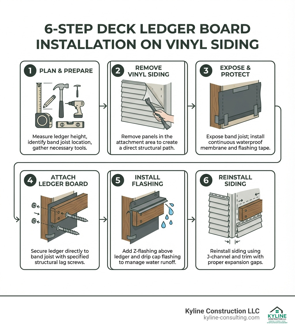 Infographic showing the 6 main steps for attaching a deck ledger board to vinyl siding: 1. Plan and measure ledger height and gather tools, 2. Remove vinyl siding panels where ledger will attach, 3. Prepare wall by exposing band joist and installing waterproof membrane, 4. Attach ledger board directly to band joist with structural lag screws, 5. Install Z-flashing above ledger and drip cap flashing, 6. Reinstall vinyl siding using J-channel and undersill trim with proper expansion gaps - attaching ledger board to vinyl siding infographic Infographic showing the 6 main steps for attaching a deck ledger board to vinyl siding: 1. Plan and measure ledger height and gather tools, 2. Remove vinyl siding panels where ledger will attach, 3. Prepare wall by exposing band joist and installing waterproof membrane, 4. Attach ledger board directly to band joist with structural lag screws, 5. Install Z-flashing above ledger and drip cap flashing, 6. Reinstall vinyl siding using J-channel and undersill trim with proper expansion gaps - attaching ledger board to vinyl siding infographic