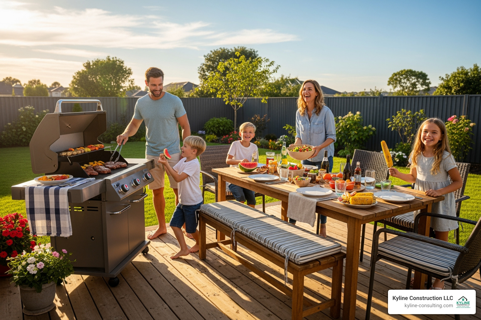 family enjoying a barbecue on a spacious deck - akron deck builders