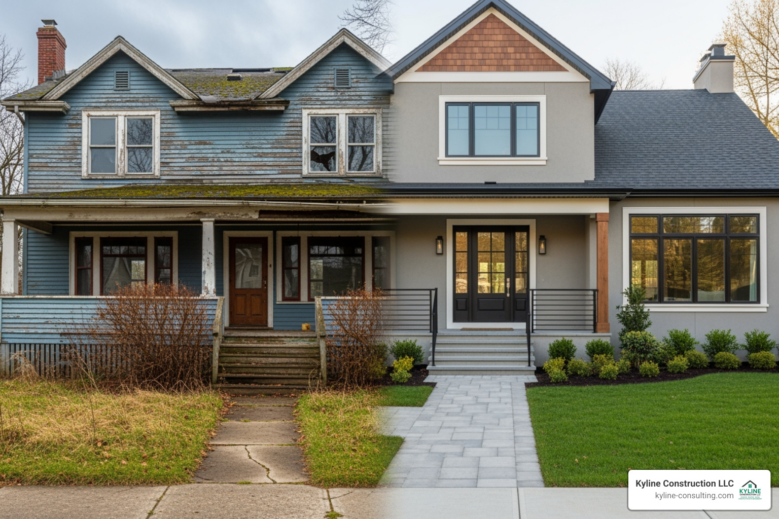 dramatic before-and-after of a home exterior renovation - exterior renovation company