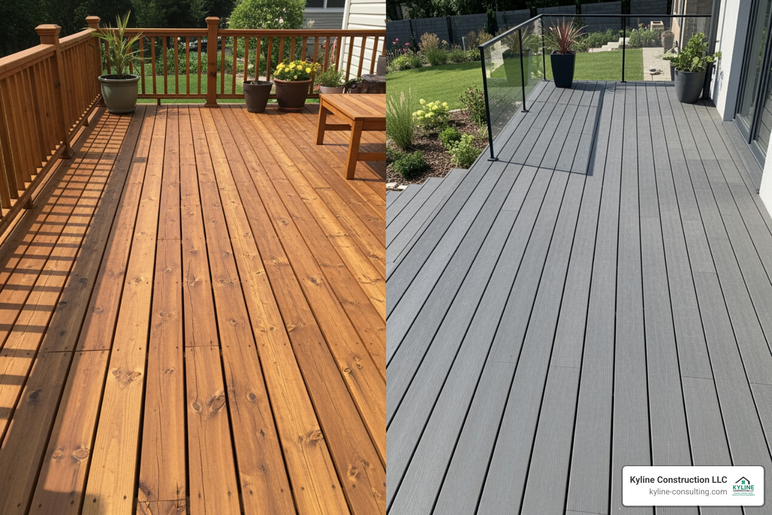 split view of a classic wood deck and a sleek composite deck - deck builders canton ohio