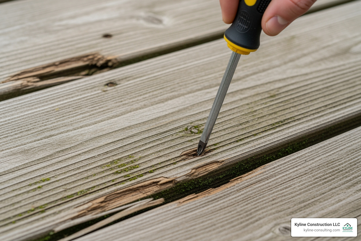 person using a screwdriver to perform the "screwdriver test" on a soft deck board - cost to repair wood rot on deck