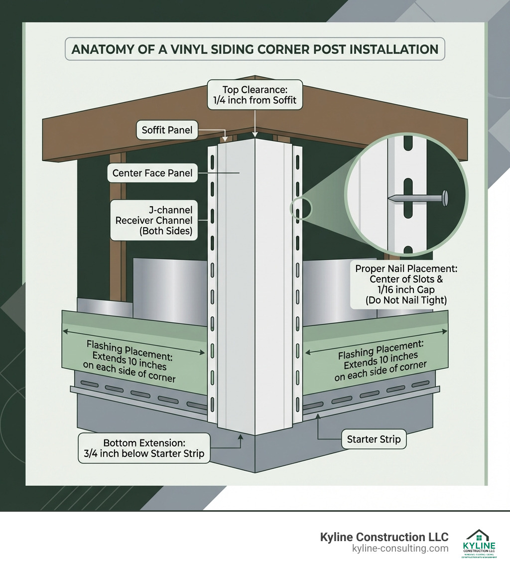 Detailed infographic showing the anatomy of a vinyl siding corner post installation, including labeled parts: J-channel receiver channel on both sides, center face panel, nailing hem with slotted holes, proper nail placement in center of slots with 1/16 inch gap, top clearance of 1/4 inch from soffit, bottom extension of 3/4 inch below starter strip, and flashing placement extending 10 inches on each side of the corner - installing corners on vinyl siding infographic Detailed infographic showing the anatomy of a vinyl siding corner post installation, including labeled parts: J-channel receiver channel on both sides, center face panel, nailing hem with slotted holes, proper nail placement in center of slots with 1/16 inch gap, top clearance of 1/4 inch from soffit, bottom extension of 3/4 inch below starter strip, and flashing placement extending 10 inches on each side of the corner - installing corners on vinyl siding infographic