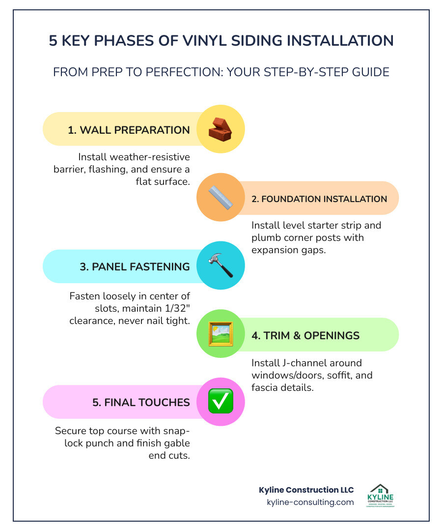 Infographic showing the 5 key phases of vinyl siding installation: Phase 1 - Wall Preparation (install weather barrier, flashing, inspect sheathing), Phase 2 - Foundation Installation (level starter strip, install corner posts with gaps), Phase 3 - Panel Installation (fasten loosely in center of slots, maintain expansion gaps), Phase 4 - Trim and Details (J-channel around openings, soffit and fascia), Phase 5 - Finishing (top course with snap-lock punch, gable end cuts) - best way to install vinyl siding infographic infographic-line-5-steps-colors