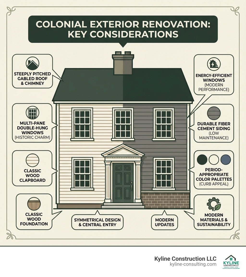 Infographic showing key Colonial exterior renovation considerations: symmetrical design with central door, multi-pane double-hung windows on either side, steeply pitched gabled roof, prominent chimney, and classic materials like wood clapboard or brick, with callouts indicating modern updates like fiber cement siding, energy-efficient windows, and period-appropriate color palettes - colonial exterior renovation infographic 