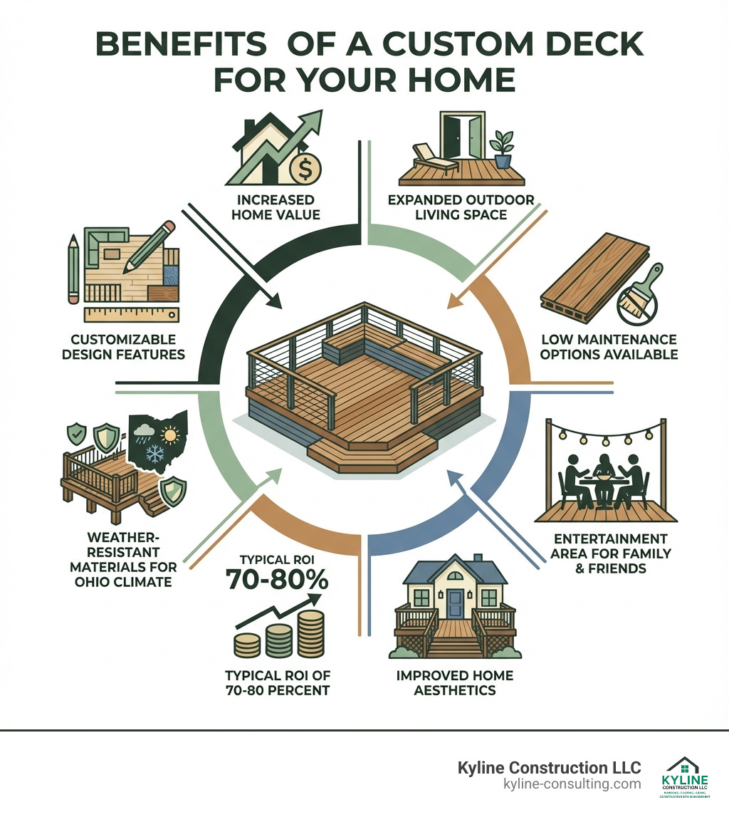 infographic showing benefits of adding a custom deck: increased home value, expanded outdoor living space, low maintenance options available, entertainment area for family and friends, improved home aesthetics, typical ROI of 70-80 percent, weather-resistant materials for Ohio climate, customizable design features - akron deck builders infographic 