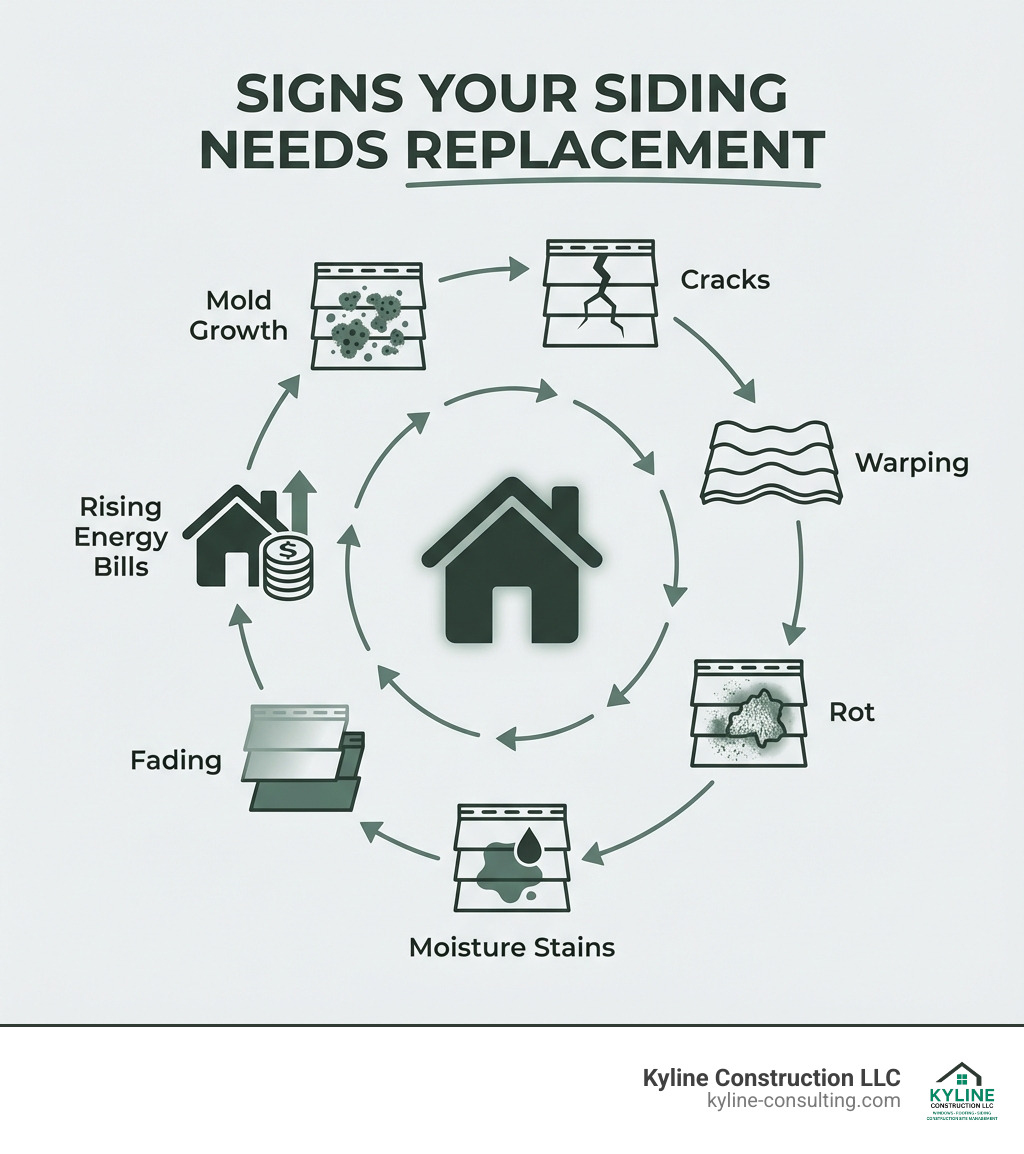 infographic showing signs your siding needs replacement including cracks, warping, rot, moisture stains, fading, rising energy bills, and mold growth - best vinyl siding companies infographic 