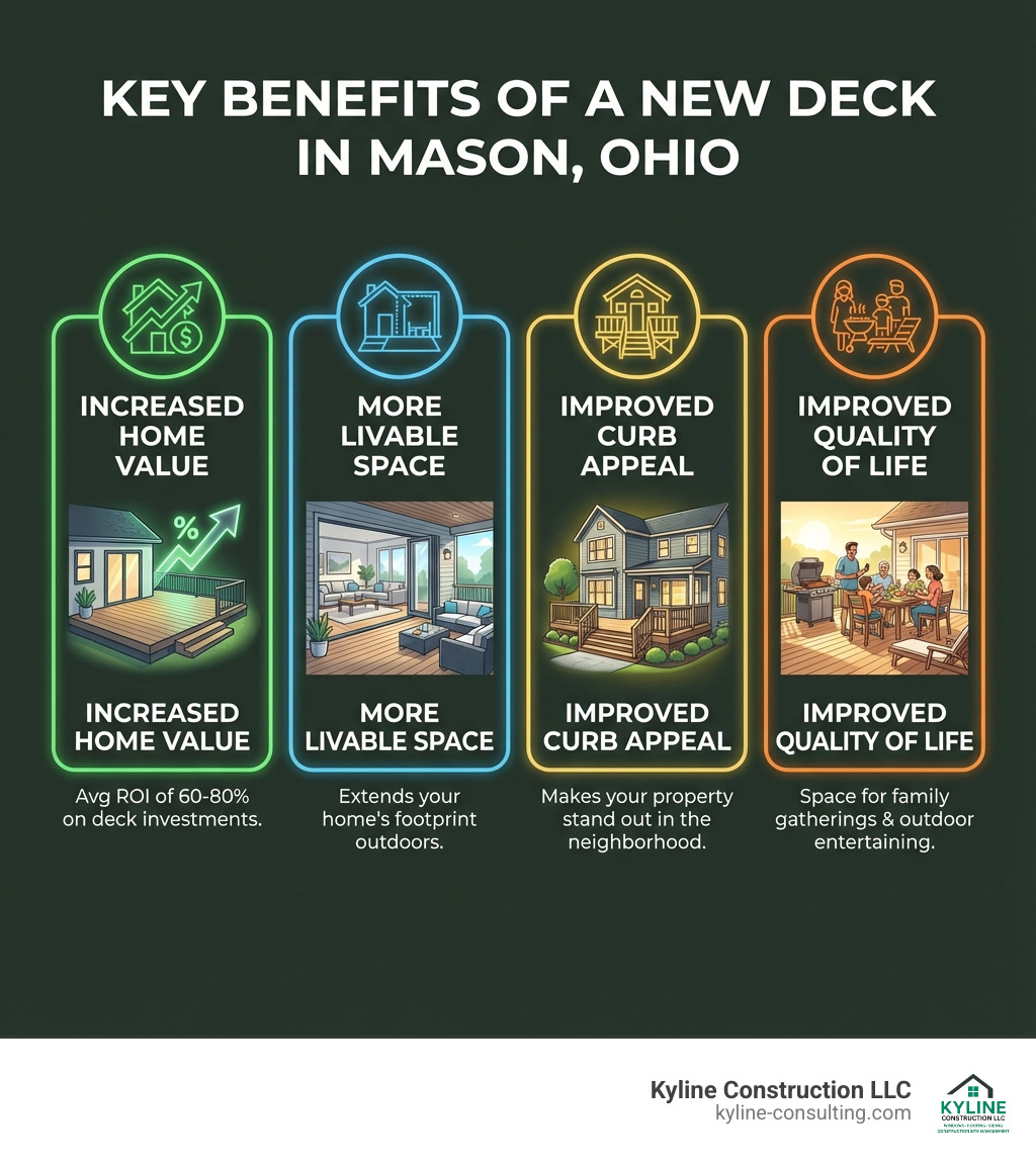 Infographic showing the key benefits of installing a new deck in Mason, Ohio: Increased Home Value with average ROI of 60-80% on deck investments, More Livable Space extending your home's footprint outdoors, Improved Curb Appeal making your property stand out in the neighborhood, and Improved Quality of Life with space for family gatherings and outdoor entertaining - deck builders mason ohio infographic Infographic showing the key benefits of installing a new deck in Mason, Ohio: Increased Home Value with average ROI of 60-80% on deck investments, More Livable Space extending your home's footprint outdoors, Improved Curb Appeal making your property stand out in the neighborhood, and Improved Quality of Life with space for family gatherings and outdoor entertaining - deck builders mason ohio infographic