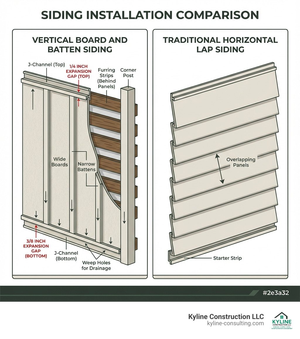 Infographic showing vertical board and batten siding panels with labeled components including wide boards, narrow battens, J-channel at top and bottom, corner posts, weep holes for drainage, furring strips behind panels, and proper expansion gaps of 1/4 inch at top and 3/8 inch at bottom, compared side-by-side with traditional horizontal lap siding showing overlapping panels and starter strip - board and batten vinyl siding installation infographic 
