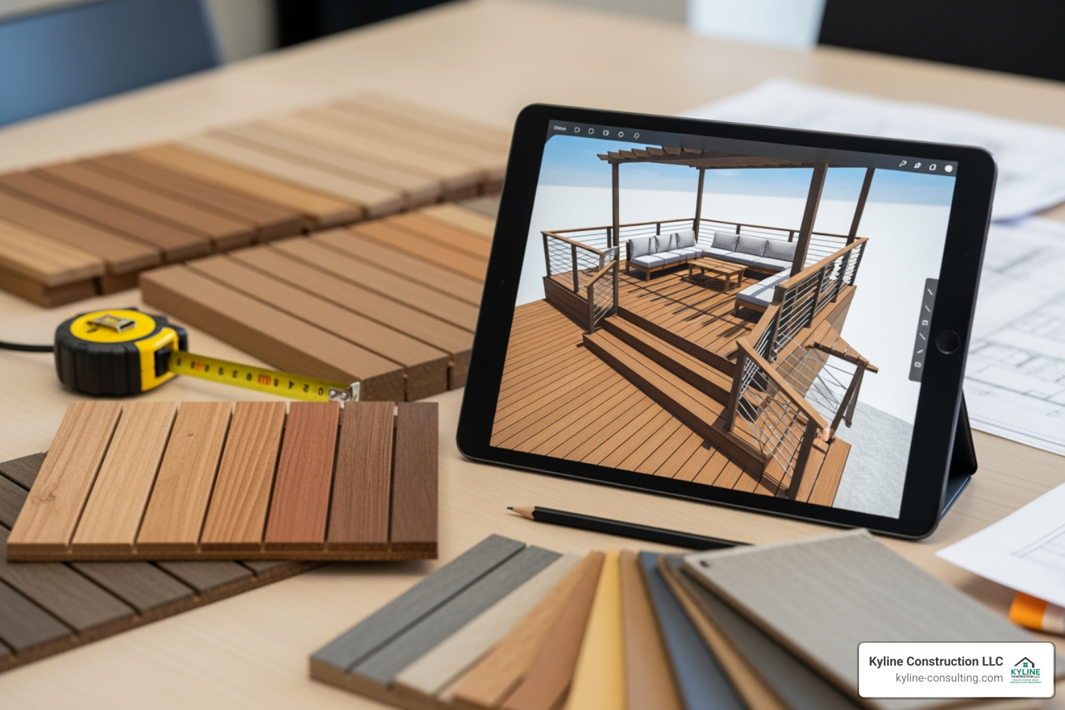 3D deck design rendering on tablet with material samples - custom deck builders 3D deck design rendering on tablet with material samples - custom deck builders