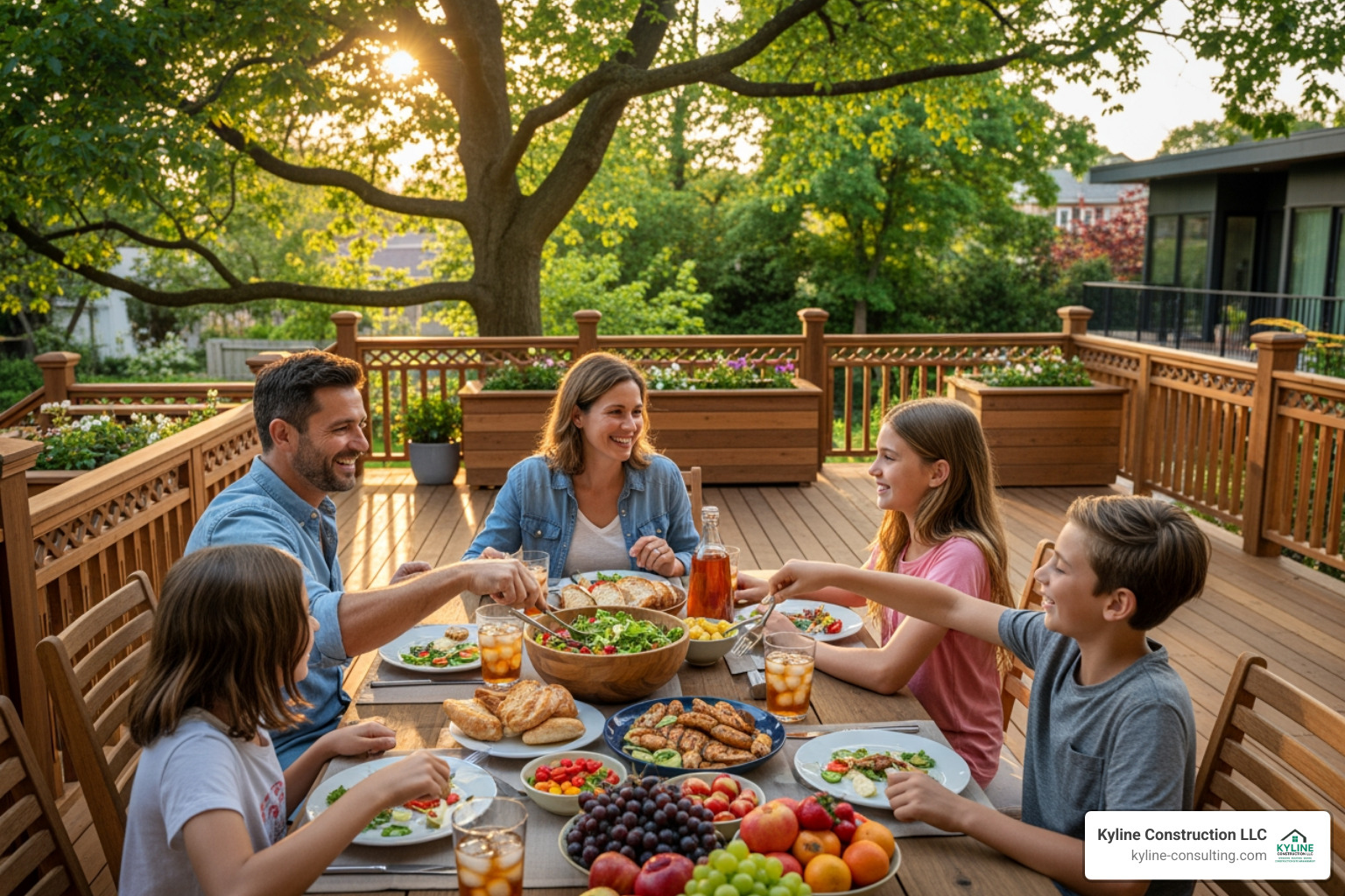 family enjoying meal on custom deck - custom deck builders family enjoying meal on custom deck - custom deck builders