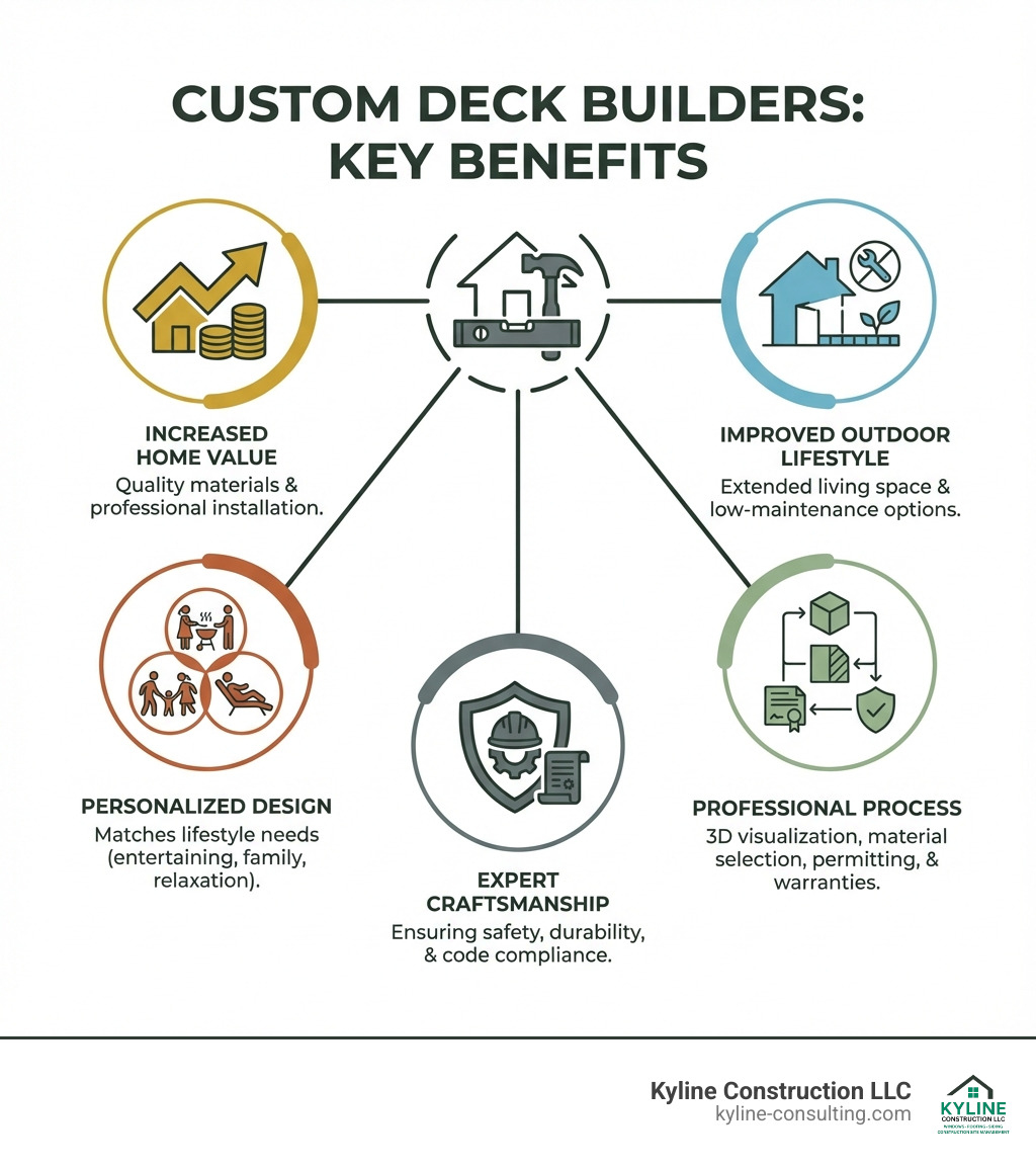 Infographic showing the key benefits of hiring custom deck builders: Increased home value with quality materials and professional installation; Personalized design that matches your lifestyle needs like entertaining, family use, or relaxation; Improved outdoor lifestyle with extended living space and low-maintenance options; Professional process including 3D visualization, material selection, permitting, and warranties; Expert craftsmanship ensuring safety, durability, and code compliance - custom deck builders infographic Infographic showing the key benefits of hiring custom deck builders: Increased home value with quality materials and professional installation; Personalized design that matches your lifestyle needs like entertaining, family use, or relaxation; Improved outdoor lifestyle with extended living space and low-maintenance options; Professional process including 3D visualization, material selection, permitting, and warranties; Expert craftsmanship ensuring safety, durability, and code compliance - custom deck builders infographic