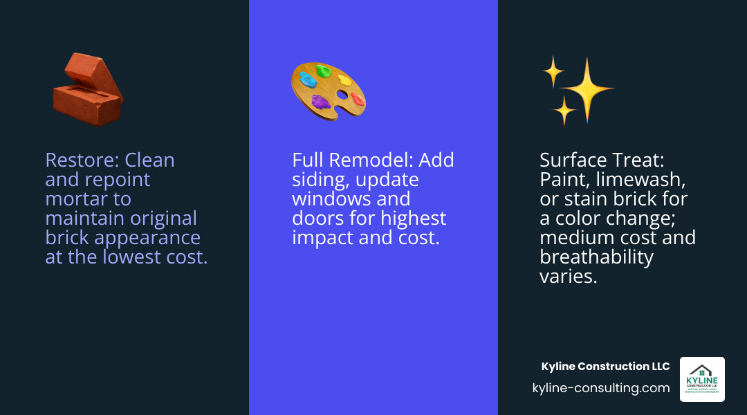 Infographic showing three main brick renovation paths: 1) Restore - Clean and repoint mortar, maintain original appearance, lowest cost; 2) Surface Coating - Paint, limewash, or stain for color change, medium cost, breathability varies; 3) Full Remodel - Add siding, update windows and doors, highest impact and cost - brick house exterior renovation infographic 3_facts_emoji_blue