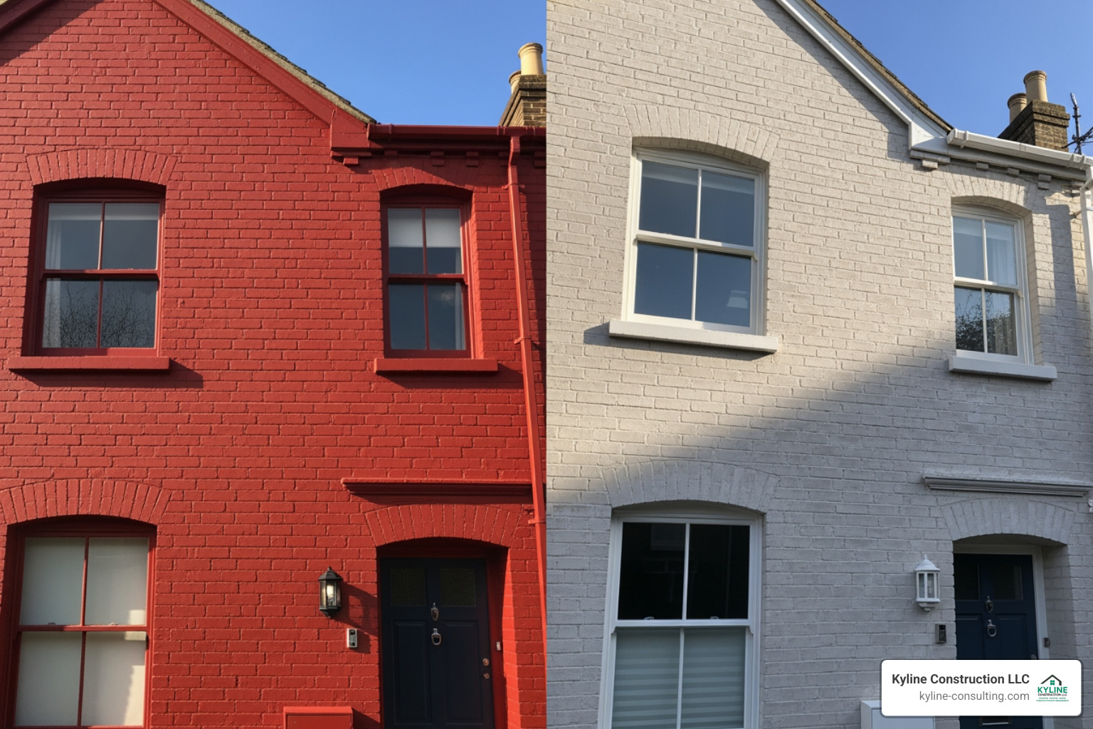 split-view home showing half painted brick and half limewashed brick - brick house exterior renovation