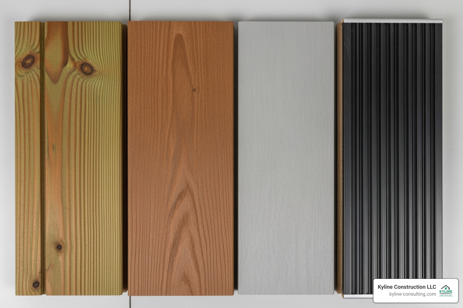 four deck board samples side-by-side: pressure-treated wood, composite, PVC, and aluminum - custom deck designs