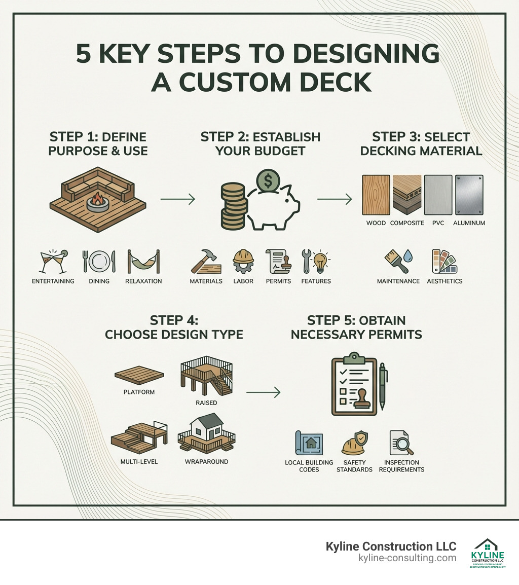 Infographic showing the 5 key steps to designing a custom deck: Step 1 - Define Your Deck's Purpose and Use (entertaining, dining, relaxation); Step 2 - Establish Your Budget (materials, labor, permits, features); Step 3 - Select Your Decking Material (wood, composite, PVC, aluminum based on maintenance and aesthetics); Step 4 - Choose Your Design Type (platform, raised, multi-level, wraparound); Step 5 - Obtain Necessary Permits (local building codes, safety standards, inspection requirements) - custom deck designs infographic 