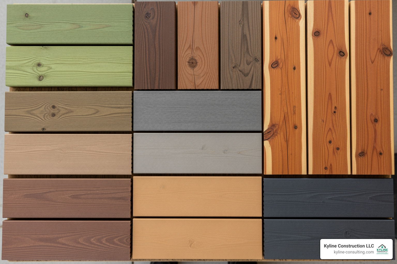 various decking material samples like pressure-treated wood, cedar, and different colors of composite decking - deck builders newark ohio