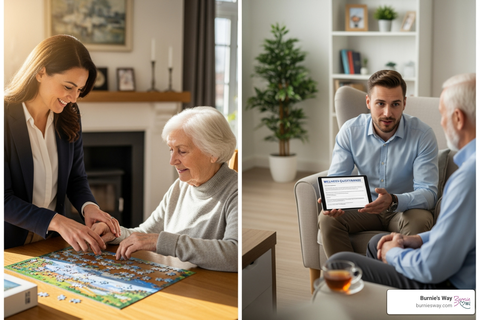 friendly assistant helping senior with puzzle, contrasted with personal concierge visiting for wellness check-in - home care solutions