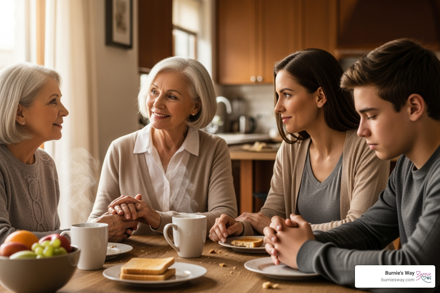 family having warm, supportive conversation at kitchen table - home care solutions