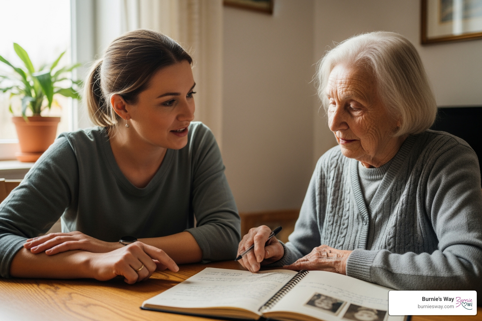A family member gently talking with a senior while looking at a notebook - Elderly care planning