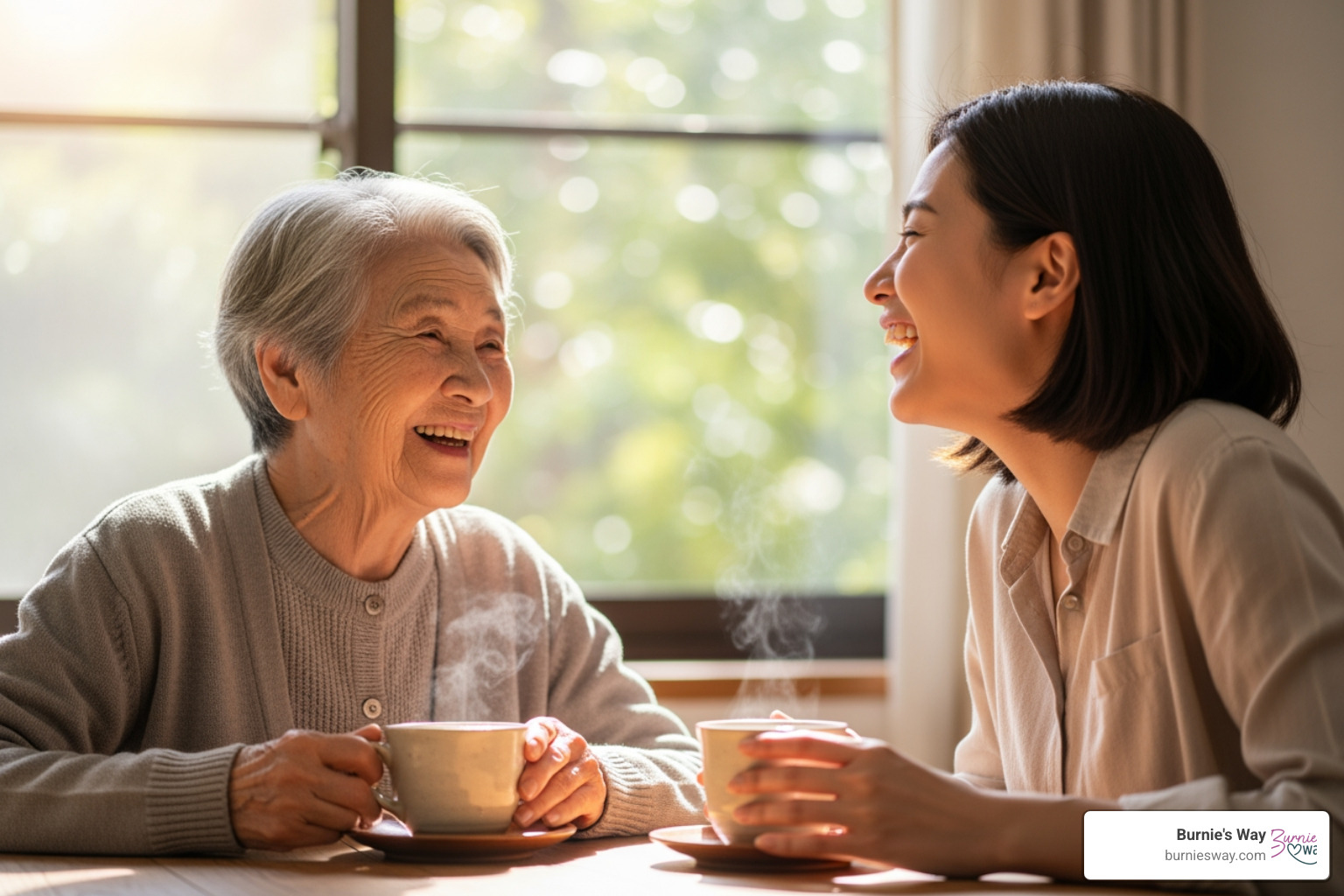 a supportive companion and a senior laughing together over a cup of tea - private elder care services