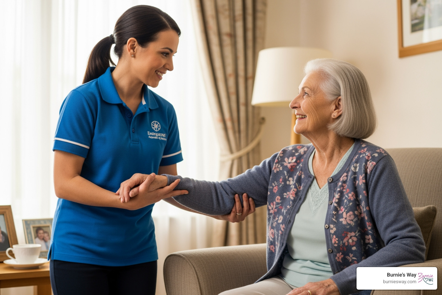 Emergency elderly care help worker helping a senior in a safe home - emergency elderly care help