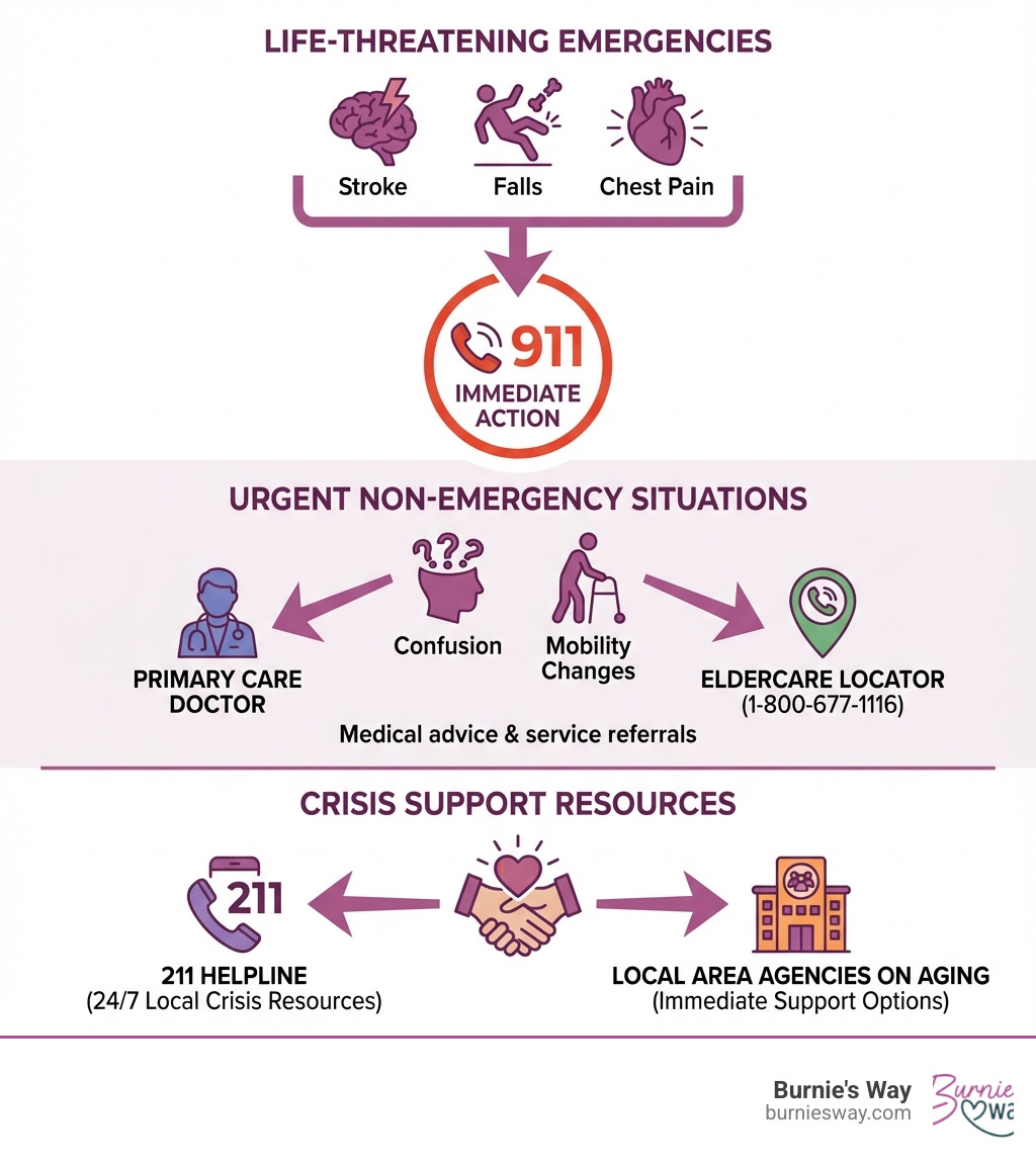 Infographic showing emergency response pathways for seniors: top section shows life-threatening emergencies (stroke, falls, chest pain) with 911 as the immediate action; middle section shows urgent non-emergency situations (confusion, mobility changes) with doctor and eldercare locator contacts; bottom section shows crisis support resources including 211 helpline and local Area Agencies on Aging - emergency elderly care help infographic 