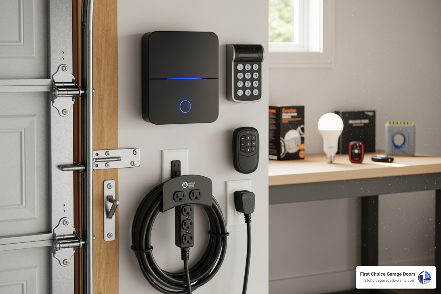 infographic showing garage door system with labeled components including wall-mount opener, smartphone control, keyless entry keypad, safety sensors, battery backup unit, and smart control panel - best garage door accessories in easton, md infographic showing garage door system with labeled components including wall-mount opener, smartphone control, keyless entry keypad, safety sensors, battery backup unit, and smart control panel - best garage door accessories in easton, md